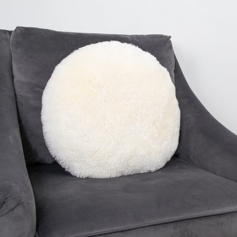 Talia Round Sheepskin Cushion in Ivory White